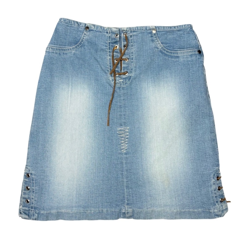 Wally's Vintage Y2K Lace Up Denim Skirt Light Wash Blue Mini Skirt Womens 27W